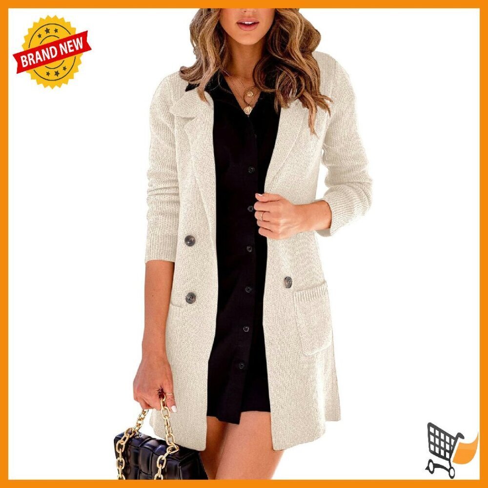 Long Open Front Cardigan Lapel Collar Button Down Sweater Outerwear Coat